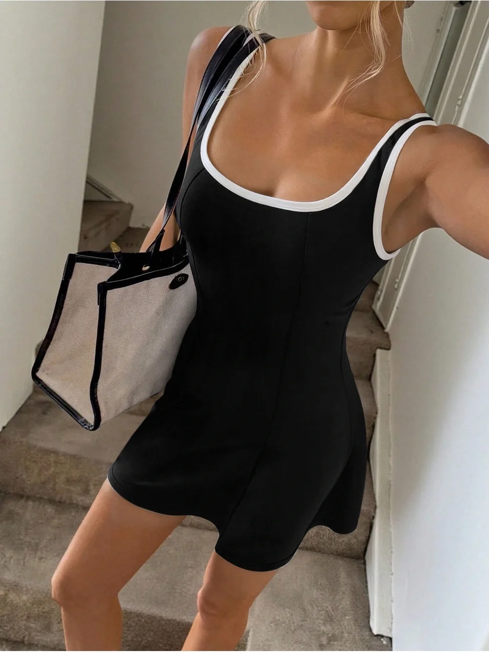 Sleeveless Black Midi Dress with White Trim - Picture 2 of 4